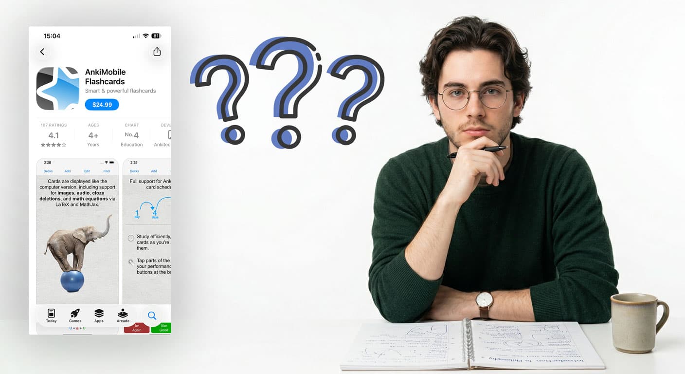 AnkiMobile Flashcards app listing on the App Store next to a student thinking about alternatives