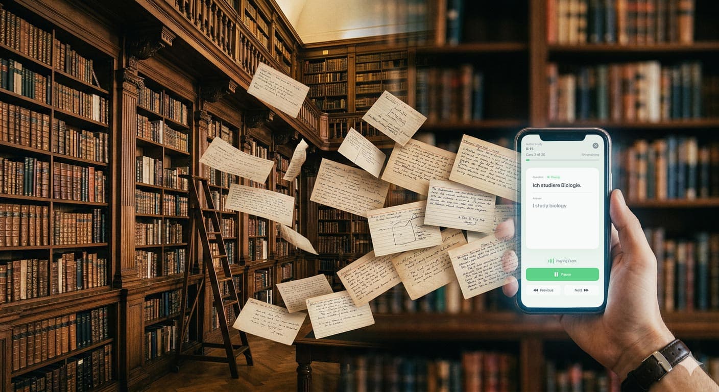 Hand holding iPhone with language learning flashcard app in front of a library with floating note cards
