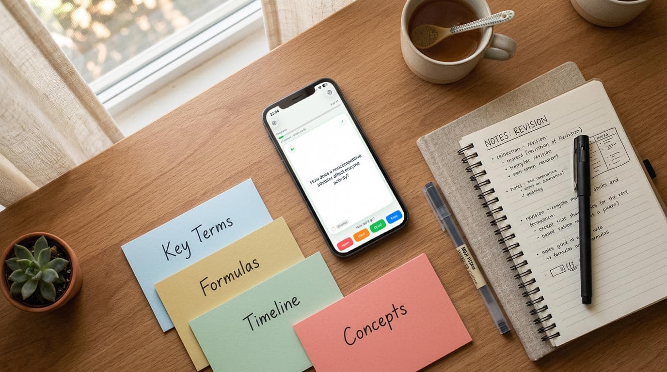 iPhone displaying a flashcard app on a desk with colorful study cards, notebook, and tea