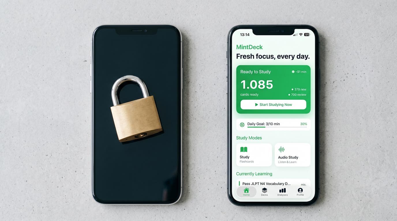 Student choosing a free Quizlet alternative on iPhone screen with study cards visible