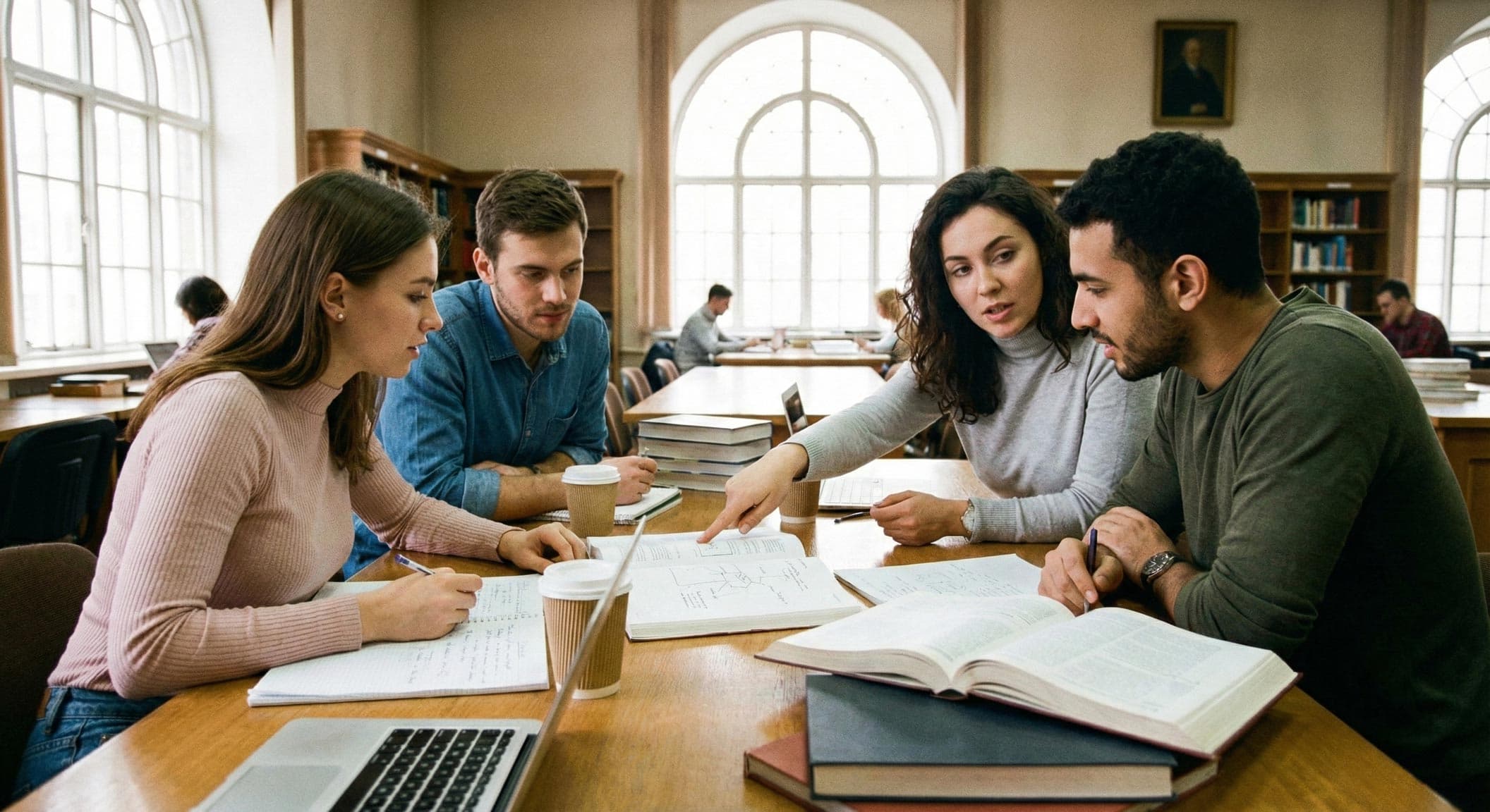 College freshman studying effectively with books and notes