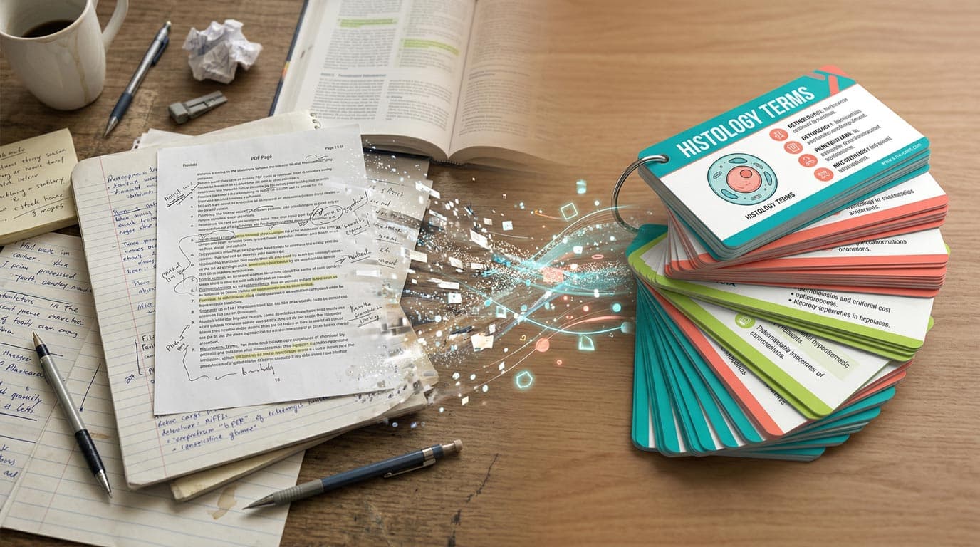 Study notes transforming into colorful AI-generated flashcards on a desk