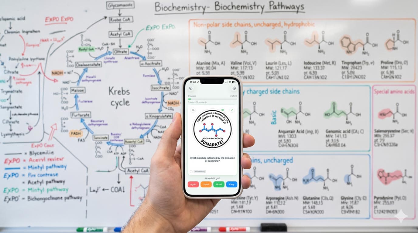 Pre-med student studying MCAT prep flashcards on iPhone with science textbooks open on desk