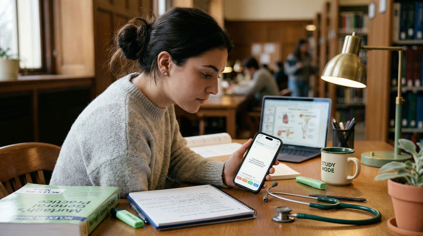 Nursing student studying with flashcard app on iPhone at a library desk with NCLEX prep books and stethoscope