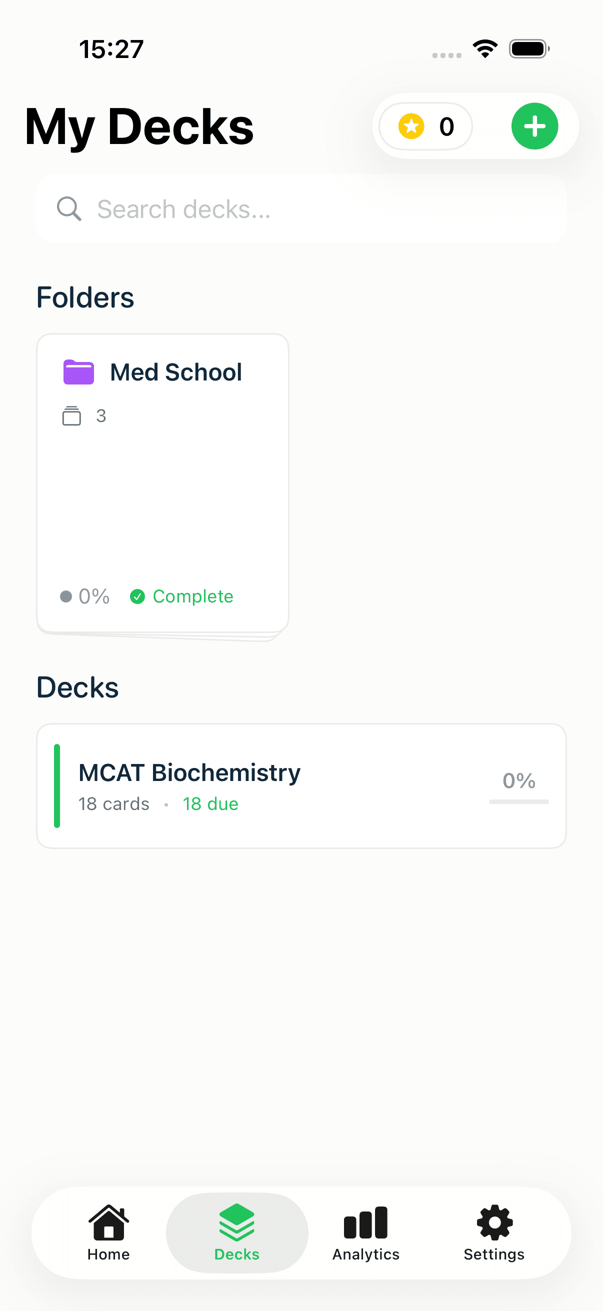 The MintDeck Decks screen with a Folders section above a standalone deck