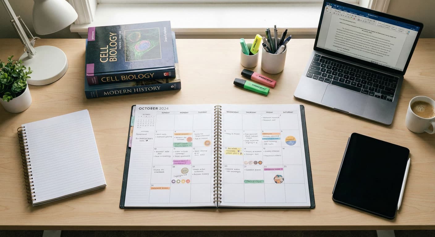 Student planning a study schedule with calendar and notes