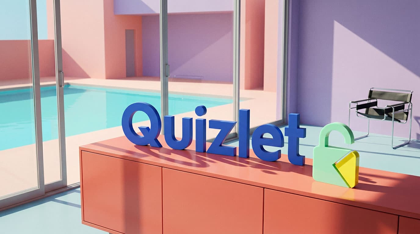 Quizlet app listing on iPhone next to a padlock representing the 2026 Learn mode paywall