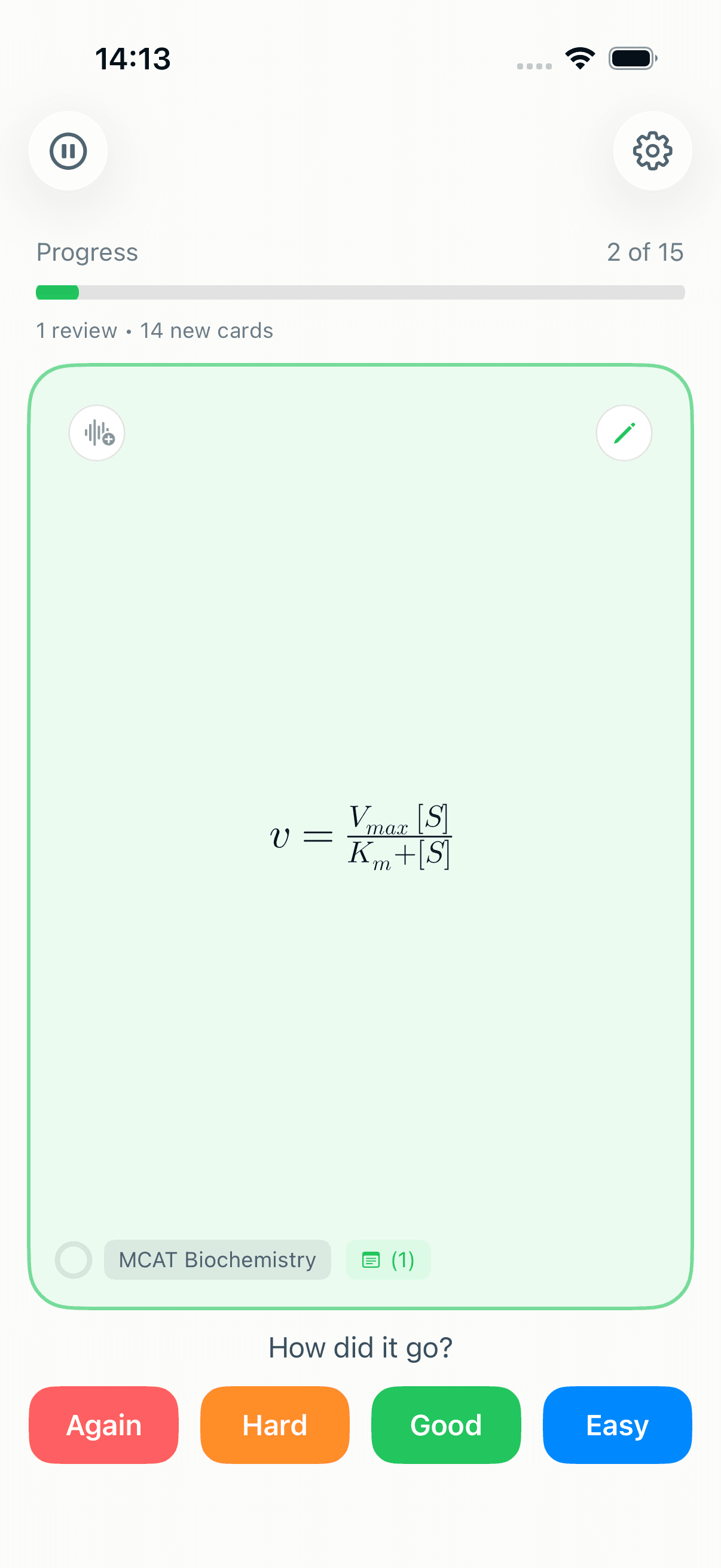 A MintDeck flashcard rendering the Michaelis–Menten equation as properly typeset math